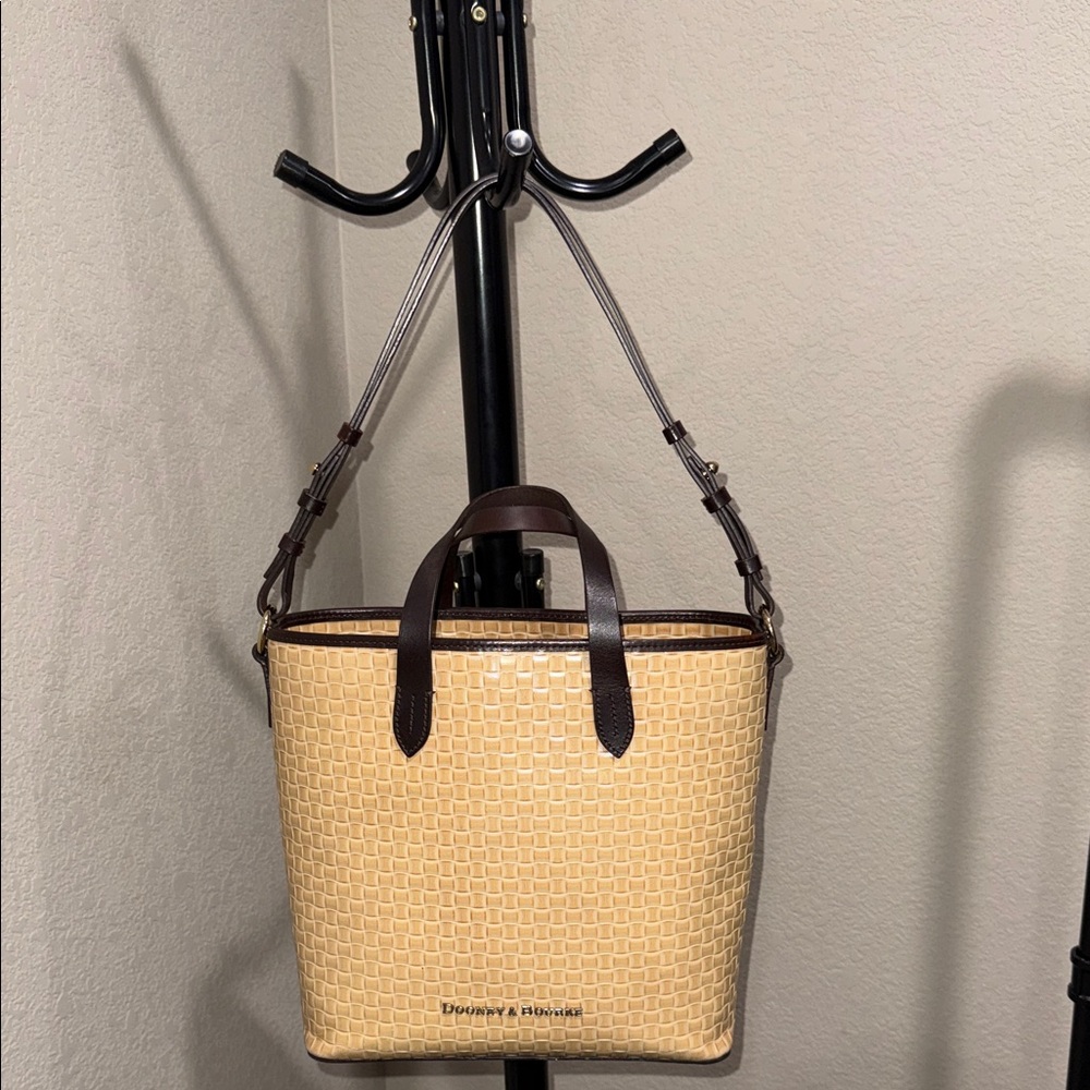 Dooney & Bourke Liliana Beige Woven Leather Tote with Dark Brown Trim